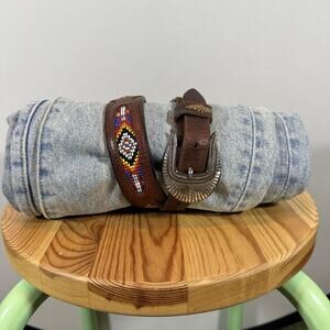 Leegin Vintage 90s Brown Leather Western Aztec Multi Colored Beaded Sz 28
